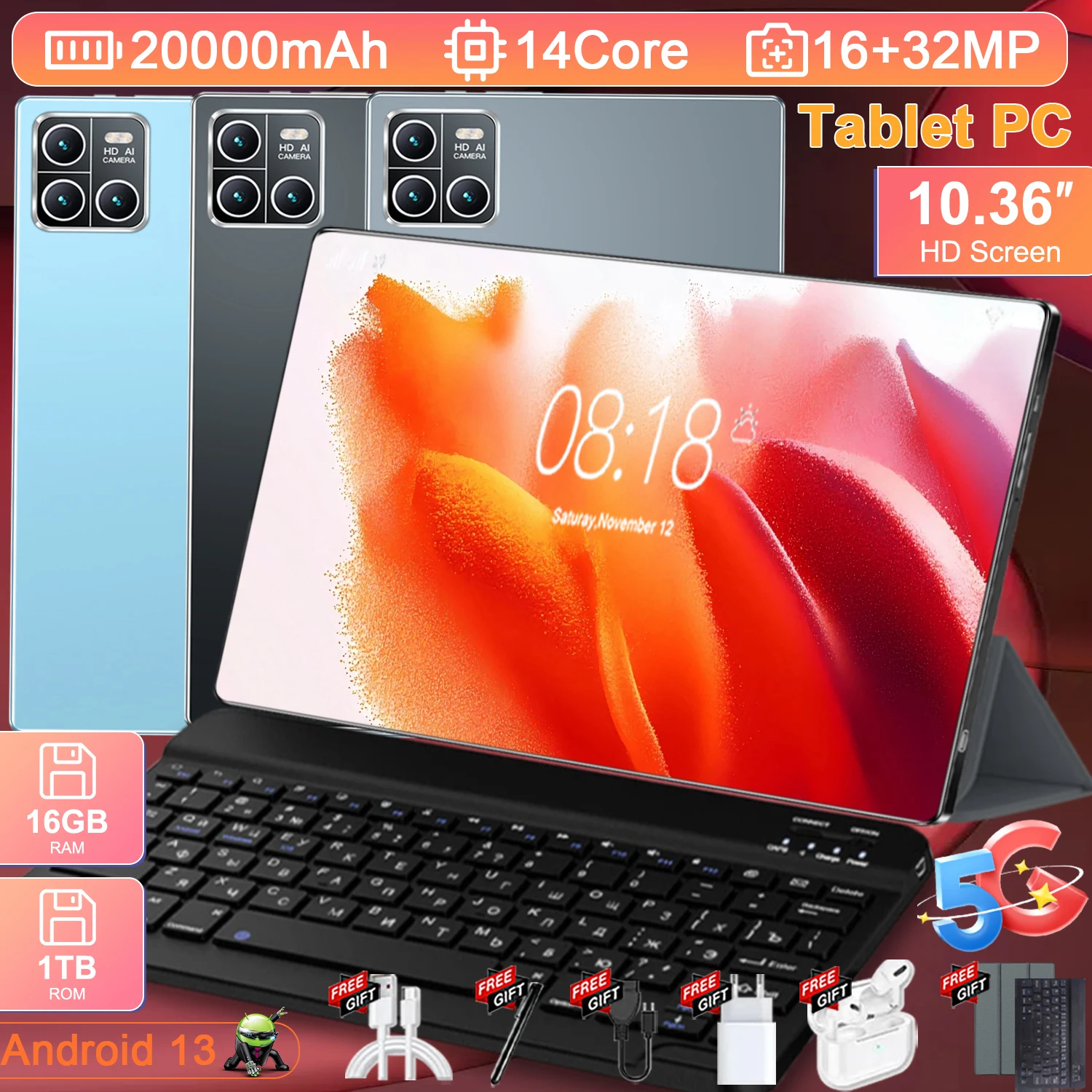 Tableta Android de 10.36 pulgadas, nueva versión global 2026, Android 13.0, WiFi, 14 núcleos, 16GB+1TB, batería de 20000mAh, cámaras duales