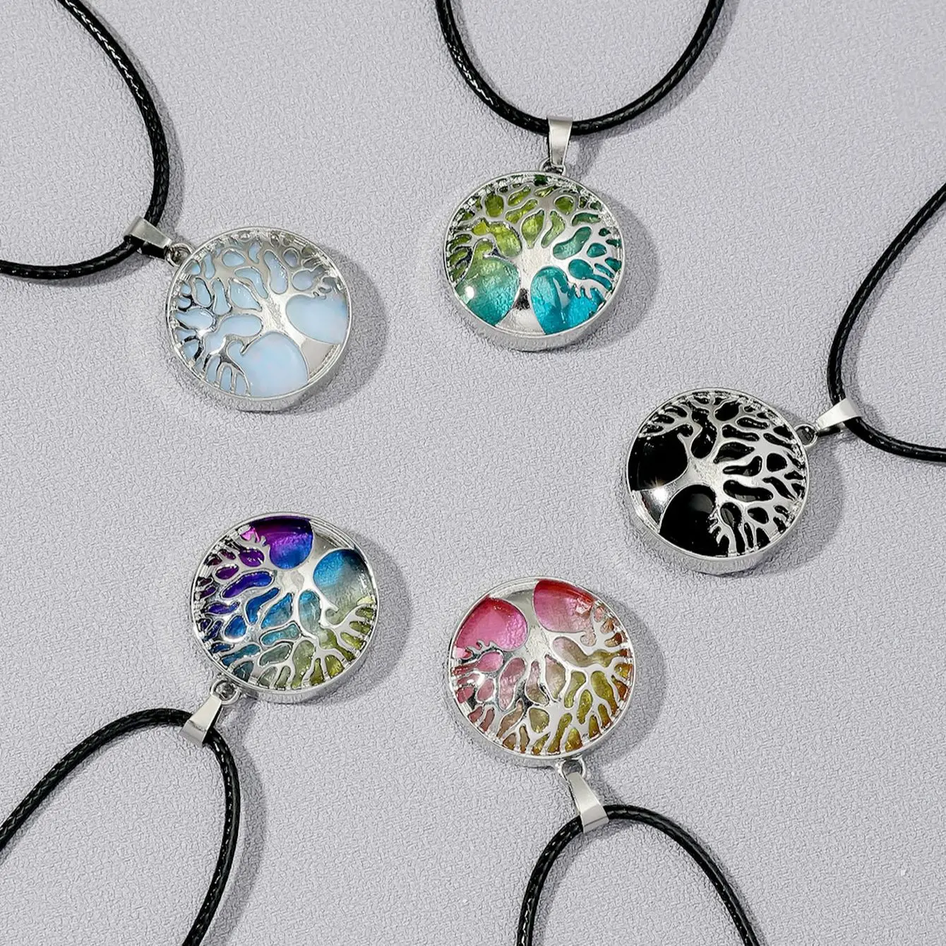 Simple 5 Piece Jewelry Set Round Tree Of Life Gemstone Charm Pendant Flower Necklace