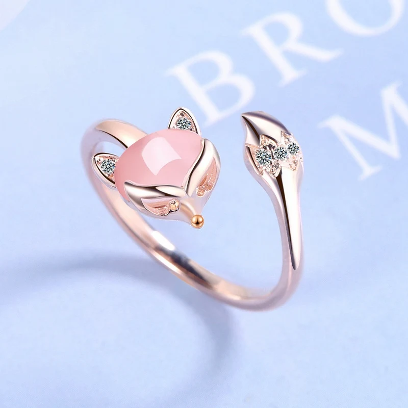 Exquisite Opal Fox Rings For Women Shiny Zircon Animal Rabbit Fishtail Opening Finger Ring Girls Wedding Party Elegant Jewelry