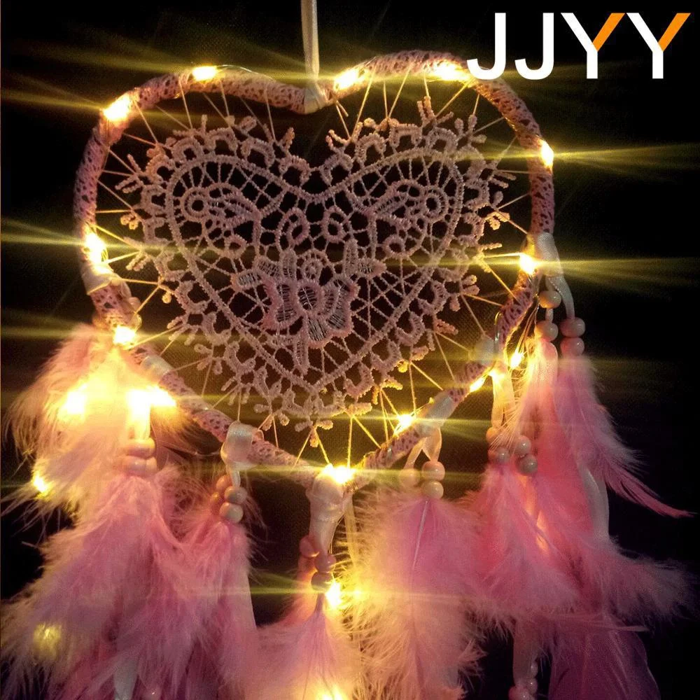 JJYY Peach Heart Dream Catcher Decoration Pendant White Feather Handmade Home Decoration Wall