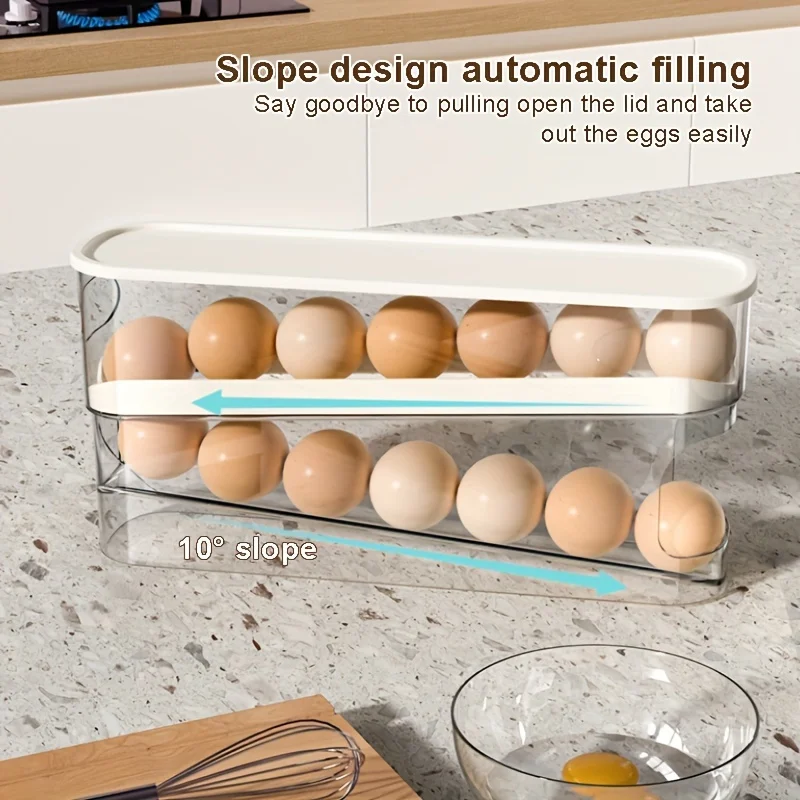 Dispensador de huevos rodante de doble capa, caja de almacenamiento de huevos para refrigerador, soporte para huevos de desplazamiento automático, cocina de gran capacidad para el hogar