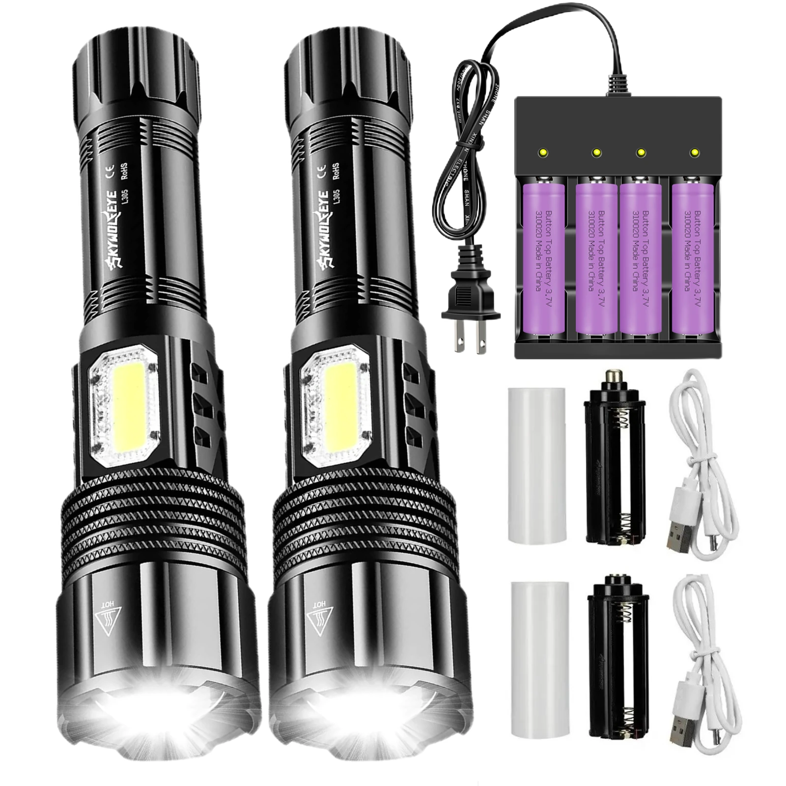 2pc COB Side Light Rechargable Led Flashlight Set 5 Working Modes Waterproof Torch 4 Slot Battery Charger for Camping Hiking