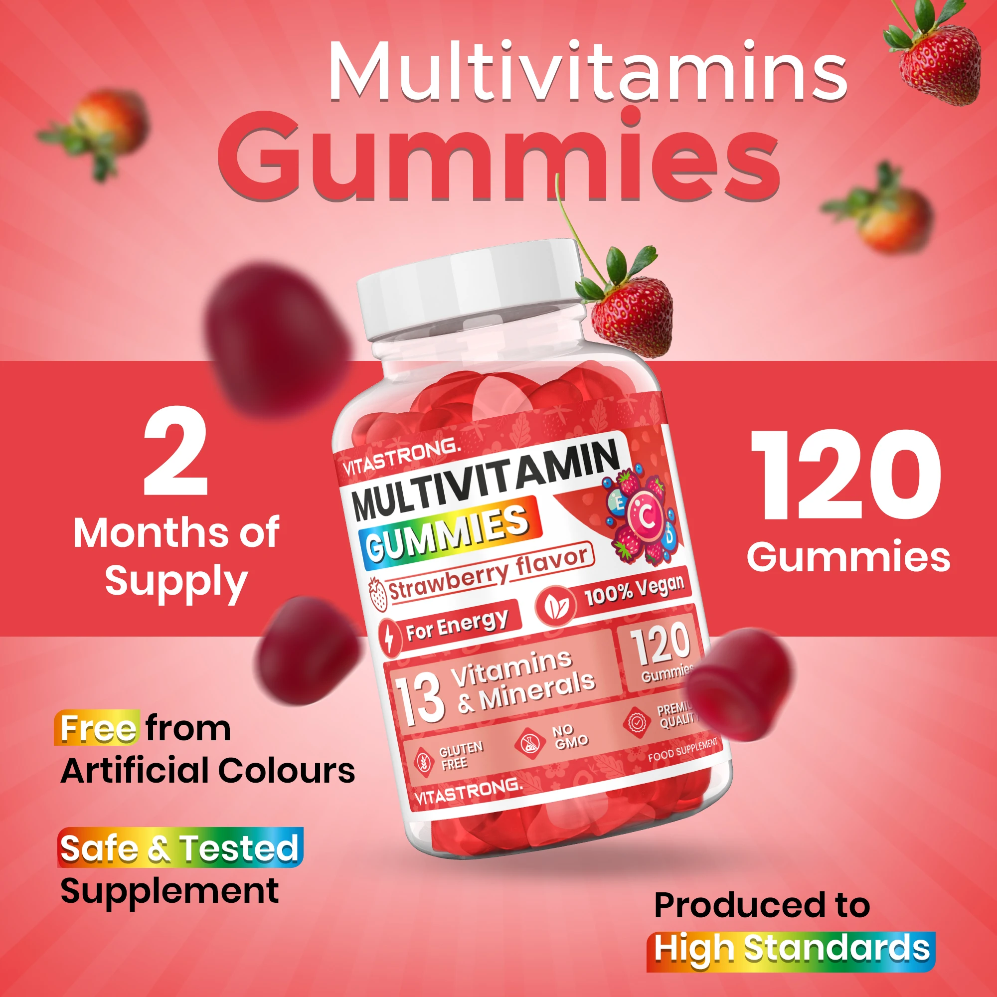 فيتامينات متعددة كاملة 120 علكة فيتاسترونج، 13 فيتامينات ومعادن، مكمل غذائي متعدد الفيتامينات معقدة للبالغين نباتيًا بدون سكروز، علكة فيتامينات متعددة مع الفيتامينات والزنك واليود والفيتامينات #6