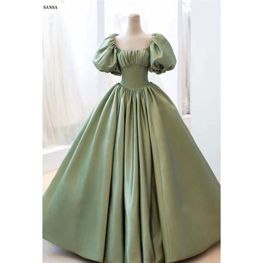 Sansa Customized Light Green Boll Gown Corset Multilayer Pleats Prom Dress Puff Sleeve Vestidos De Noche Floor-Length Evening