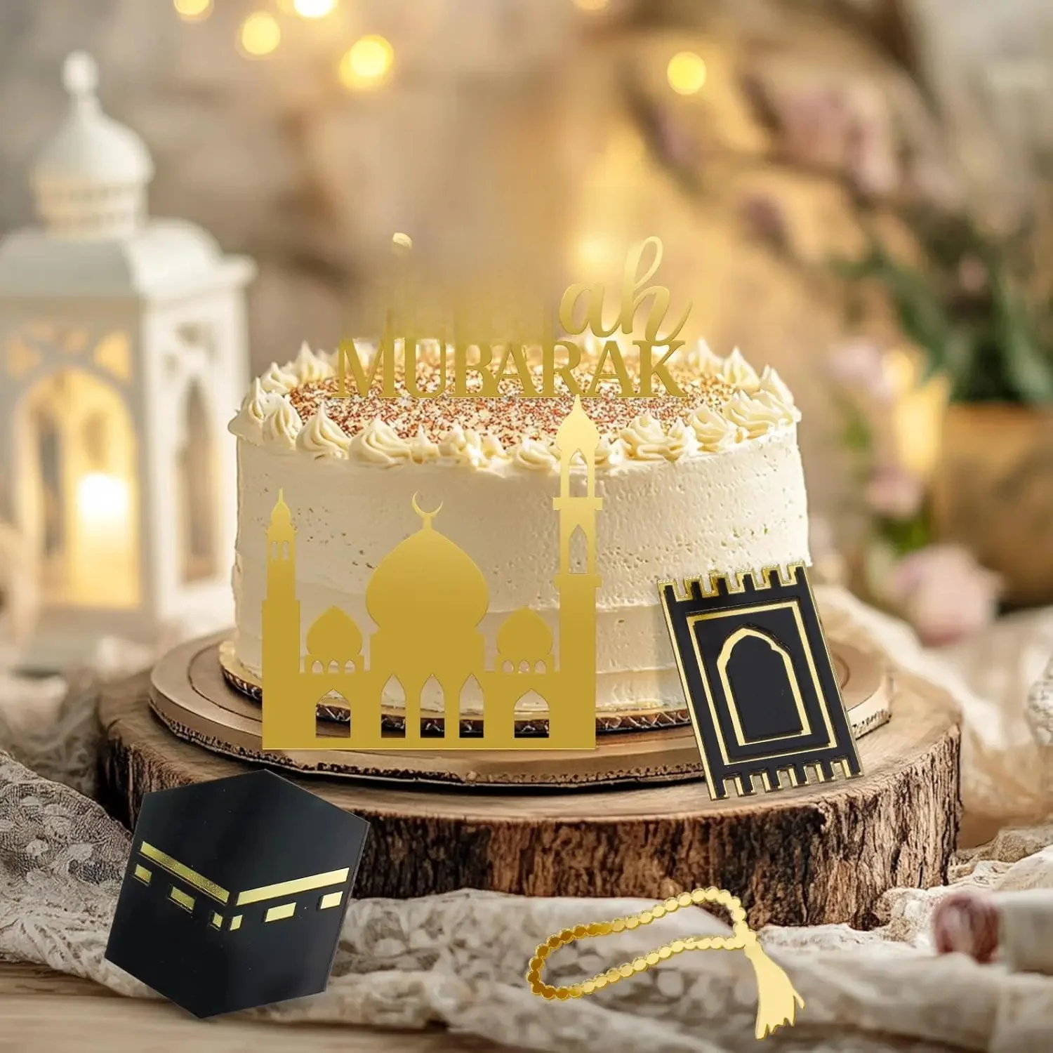 Paxrmuky doré musulman Umrah Mubarak Topper Hajj Mubarak gâteau Topper et charme lot de 4
