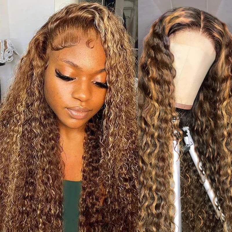 Ombre Water Wave Lace Frontal Wig para Mulheres, Cabelo Humano Brasileiro, Destaque, 13x6, 13x4, 30 ", 34", 4 27 Colorido, 100%, 200%