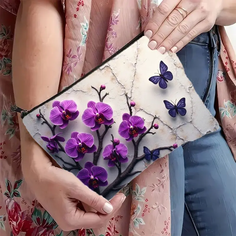 1Pc Purple Orchid Butterfly Retro Design Multifunctional Travel Makeup Bag, Snack Storage Bag, Stationery Storage Bag, Fashionable Toiletry Bag, Canvas Double-Sided Printed Zipper Pouch