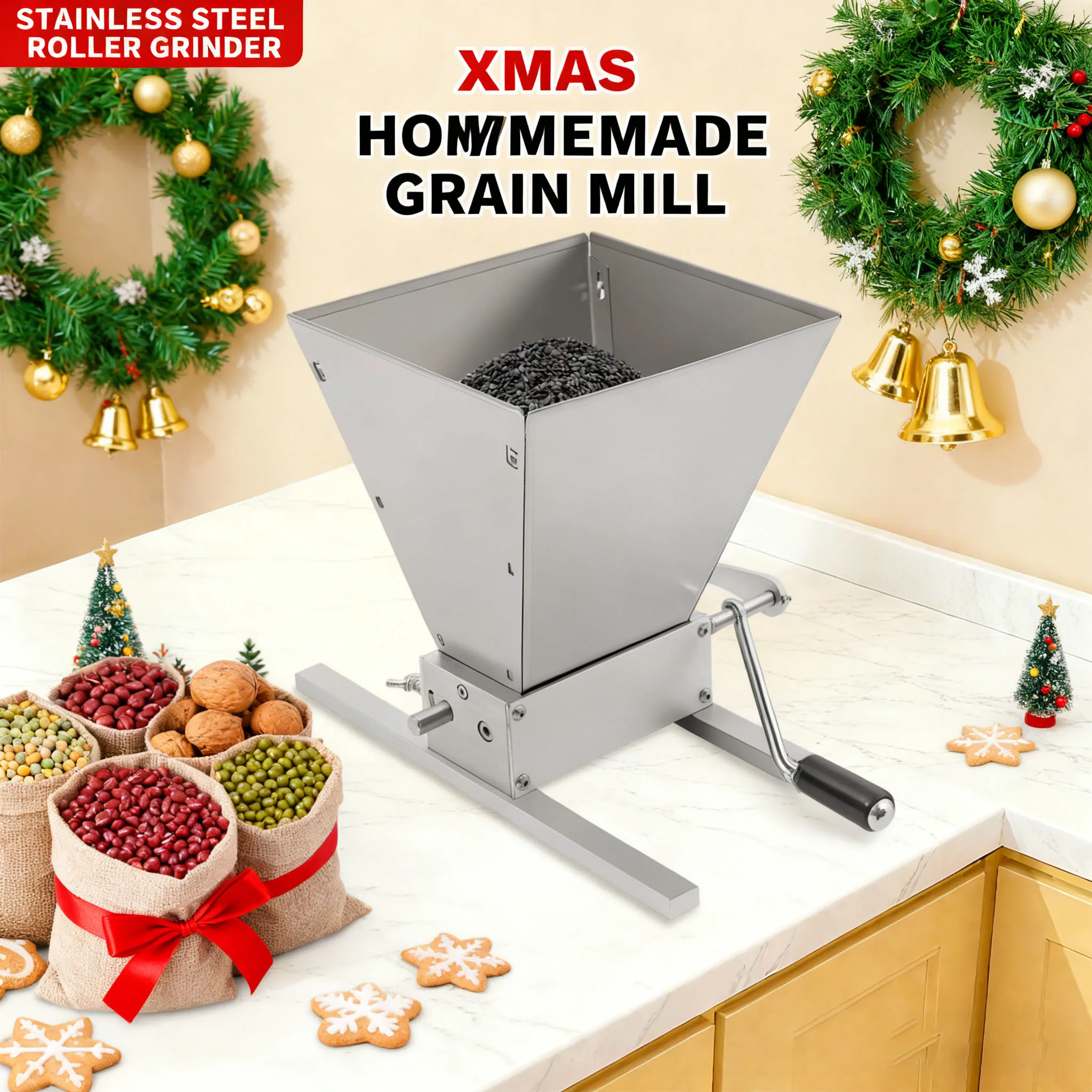 

4L Manual Grain Crusher, Malt Mill, Scrap Mill Flake Squeeze Grain Mill Adjustable Malt Mill Flake Squeeze W/ 2 Aluminium Rods