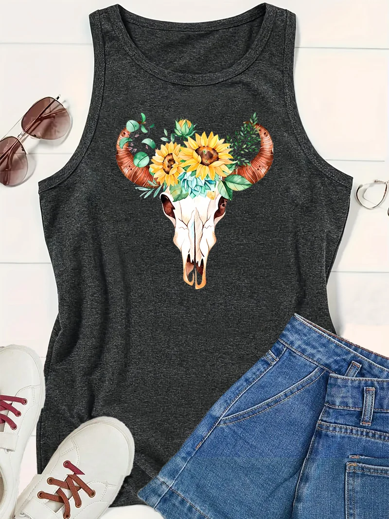 Bull Skull Leaves Flowers Fash Sports Print Women's Tank Top Loose O Neck Sleeveless Casual Tank Top Women's Clothing