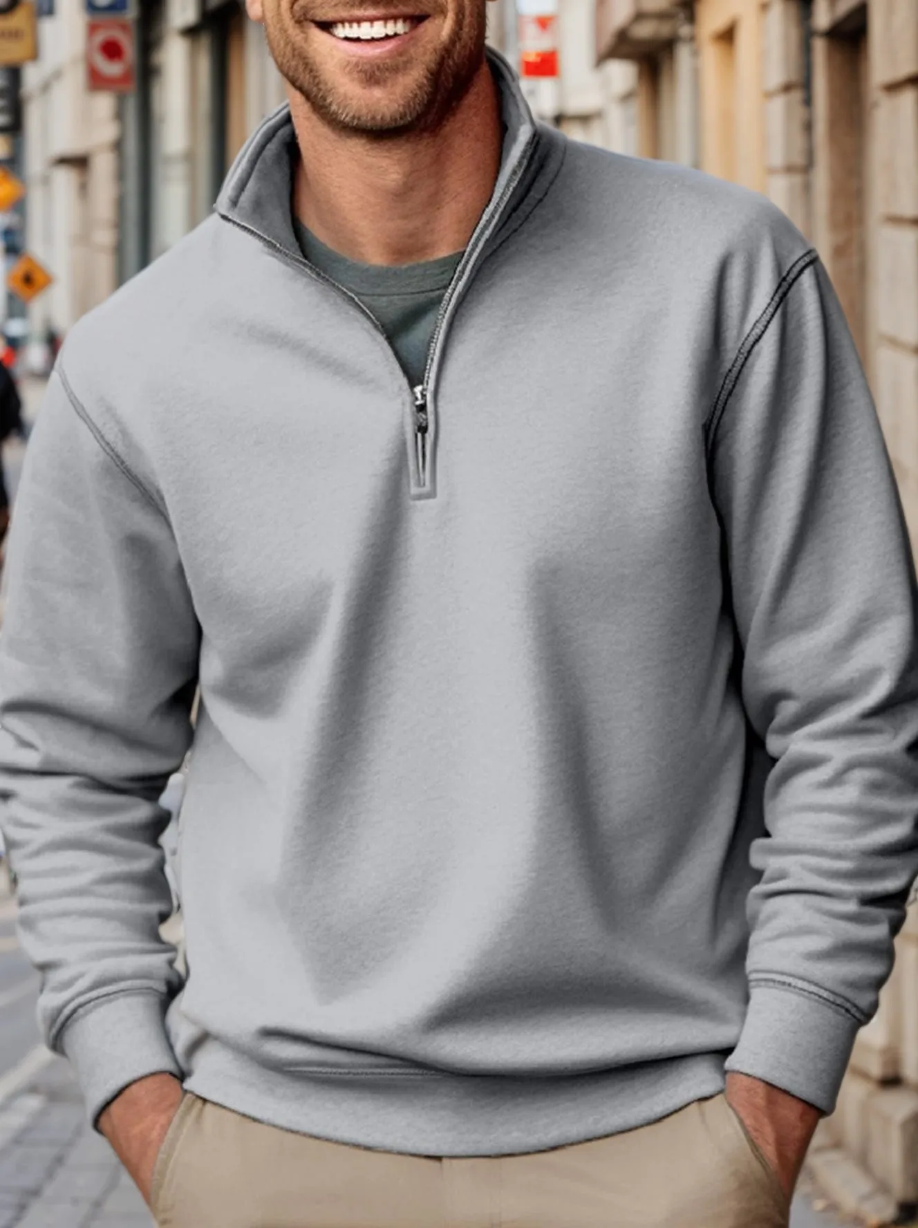 New Men's Fleece-Lined Zipper Stand Collar Sweatshirt - Casual Solid Color Design, Perfect for Warmth in Fall and Winter