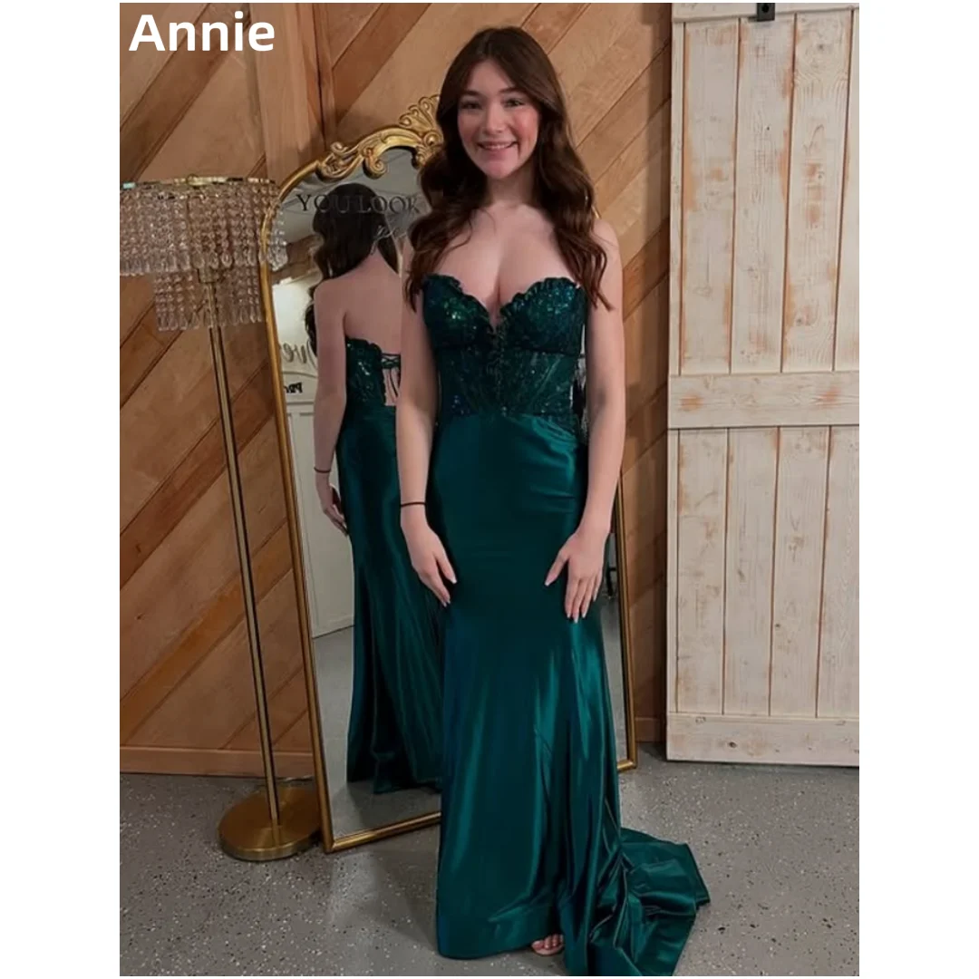 

Annie Glitter Embroidery Prom Dresses Green Satin Corset Evening Dresses Off-shoulder Slim Fit Lady Party Dresses فساتين سهرة