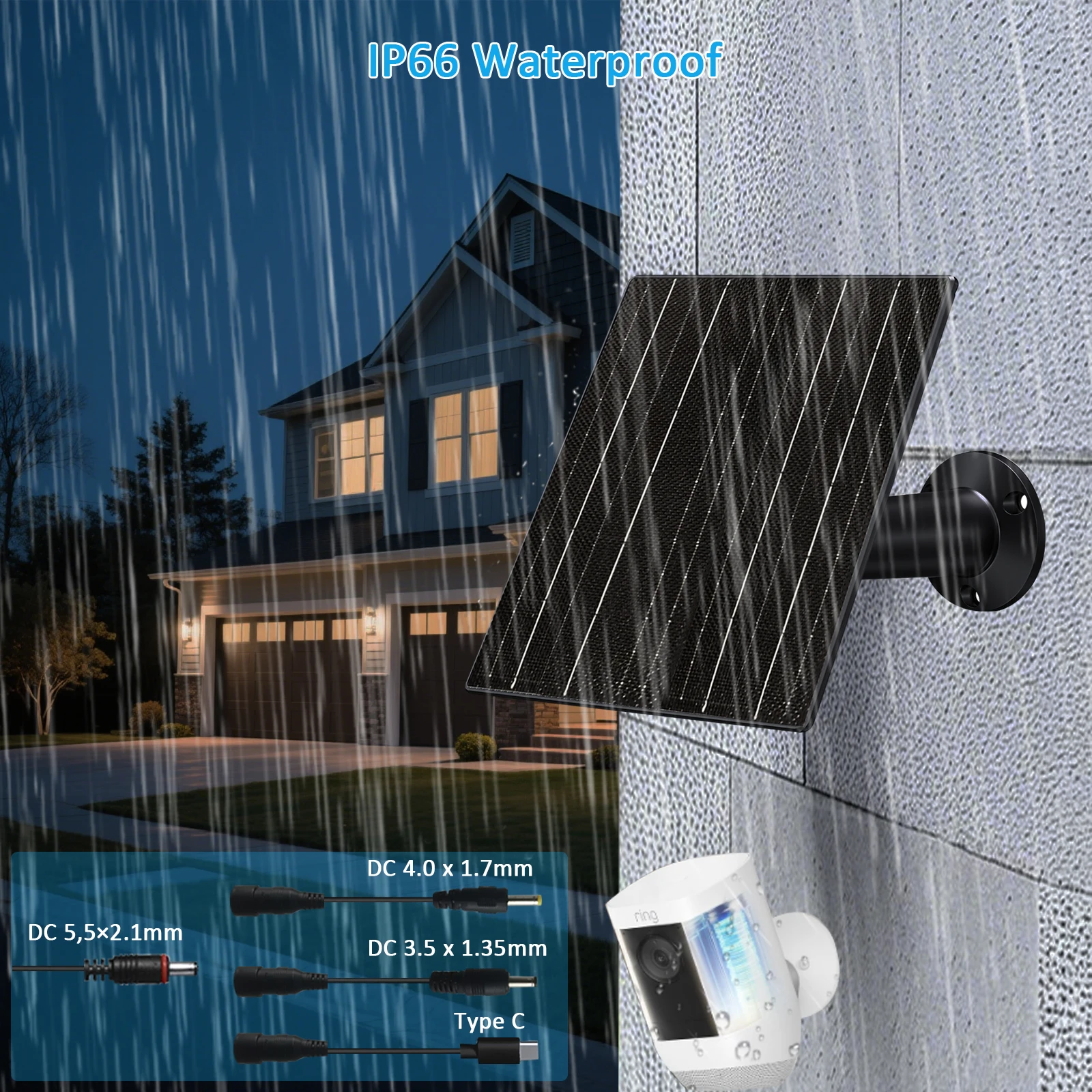 10W Solar Panel for Security Camera 5V 12V Universal Solar Charger with Type-C DC 5.5/4.0/3.5mm Connectors IP66 Outdoor view 6