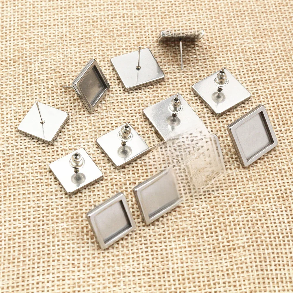 10 szt. 10/12mm rozmiar wewnętrzny ze stali nierdzewnej kwadratowe kolczyki z pustą podstawą grube kolczyki tace kaboszon DIY biżuteria — zdjęcie 2