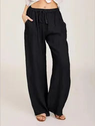 Women's Cotton Linen Pants Casual Loose Solid Elastic Waist Pocket Straight Trousers Ladies Oversize Wide Leg Pant Streetwear