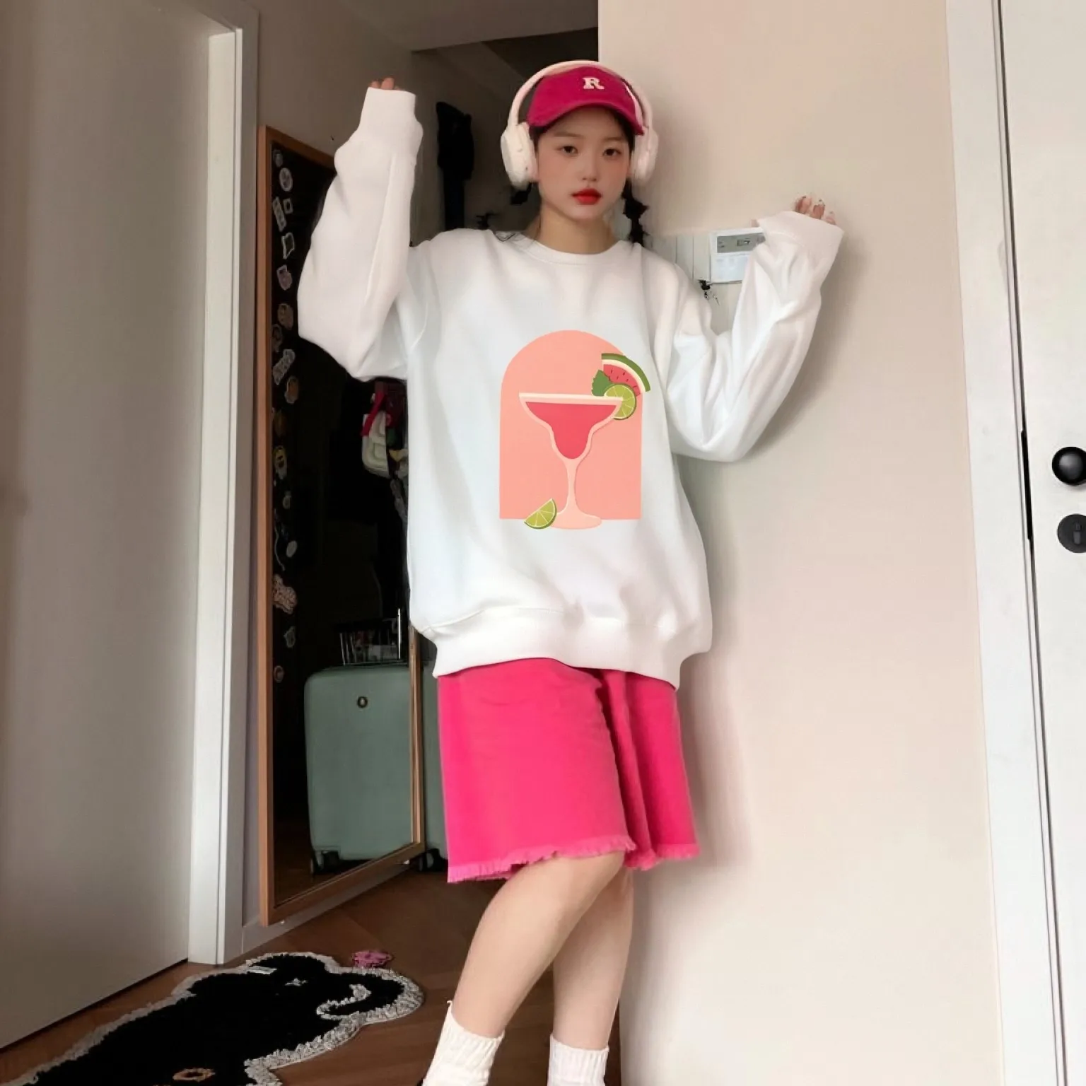 

Толстовка с фруктовым коктейлем, белый свитшот, розовый напиток, арбуз, лаймовый графический повседневный свободный летний топ с длинными рукавами