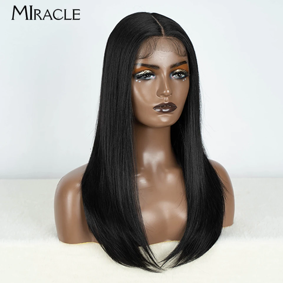 MIRACLE Wig sintetis renda depan wanita, Wig Cosplay renda lurus lembut serat rambut palsu Ombre cokelat pirang