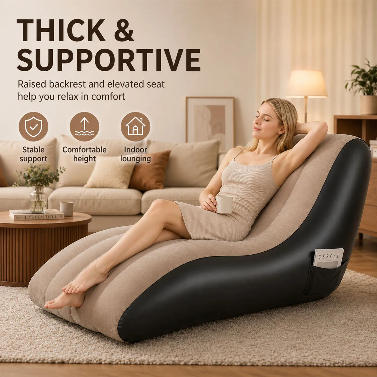 1PC Inflatable Chaise Lounge Sofa, Ergonomic Flocked Air Chair with Side Pocket, Portable Indoor Recliner for Living Room