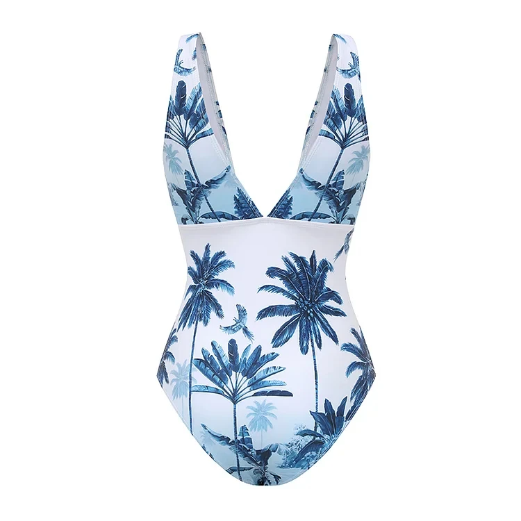 Women onepiece Swimsuit Set  V Neck Lace Up  Palm Tree Print  Swimwear Bathing Suit Bikini Monokini  2024 Summer 2pcs