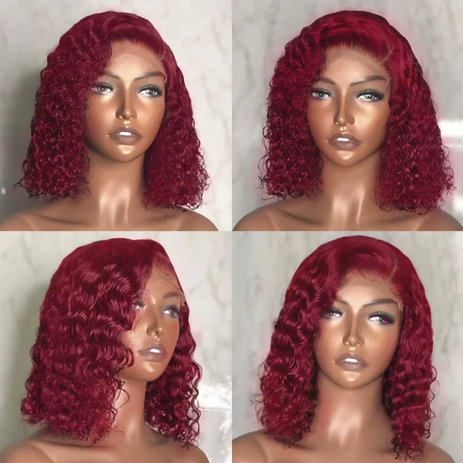 Perruque Lace Front Wig naturelle Remy, cheveux crépus ondulés, couleur bordeaux rouge 99J, 13x4, coupe courte, pre-plucked, 13x4