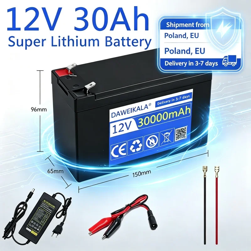 Lithium-Akku 12V 30Ah, 18650-Batteriepack, Ladegerät 12,6V 3A für Energiespeicher, Beleuchtung, Elektrofahrzeuge, Außenanwendungen. EU, Polen Versand 3-7 Tage Lieferzeit.