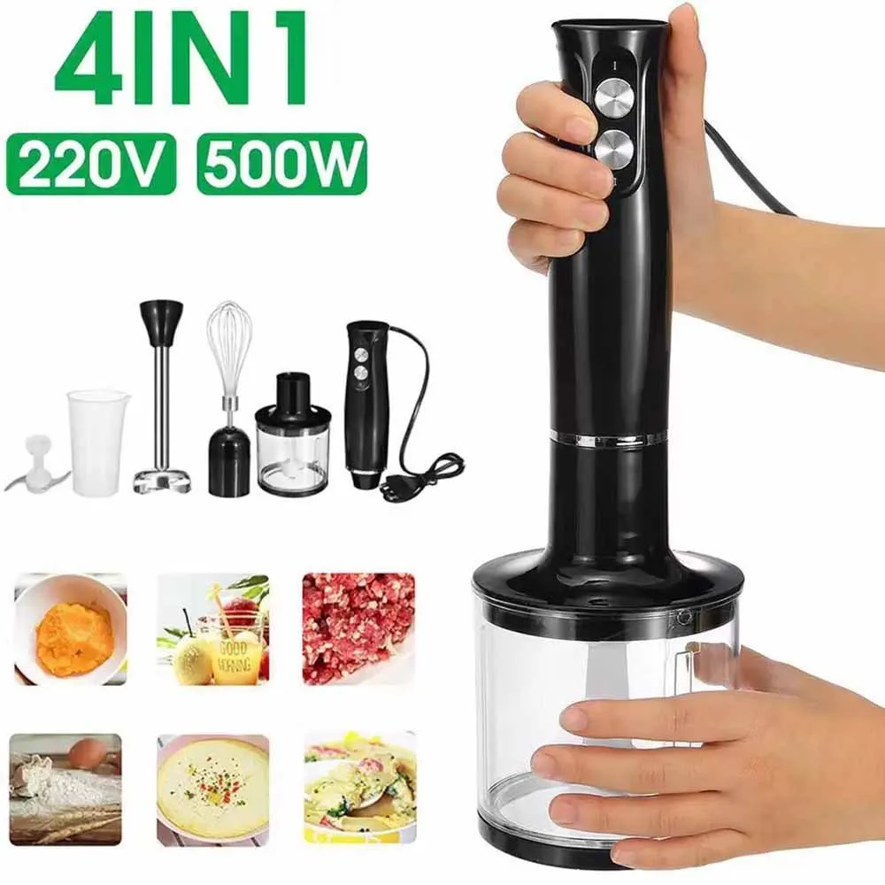 4-in-1 Elektrischer Stabmixer 500W Handmixer mit Edelstahlklinge für Gemüse, Fleisch, Eier und Saft