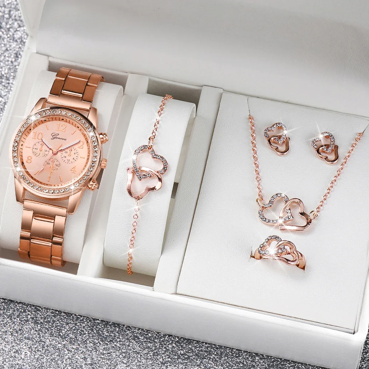 6 sztuk/zestaw zegarek damski moda Rhinestone pasek ze stali nierdzewnej zegarek kwarcowy podwójne serce zestaw biżuterii (bez pudełka) — zdjęcie 2