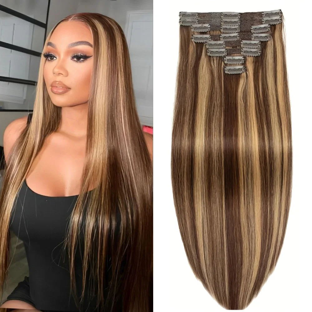P4/27 Highlight Straight Clip In Human Hair Extensions 8-24 Inch 100% Remy Human Hair Clip In 110g 8Pcs/Set Full Head For Women