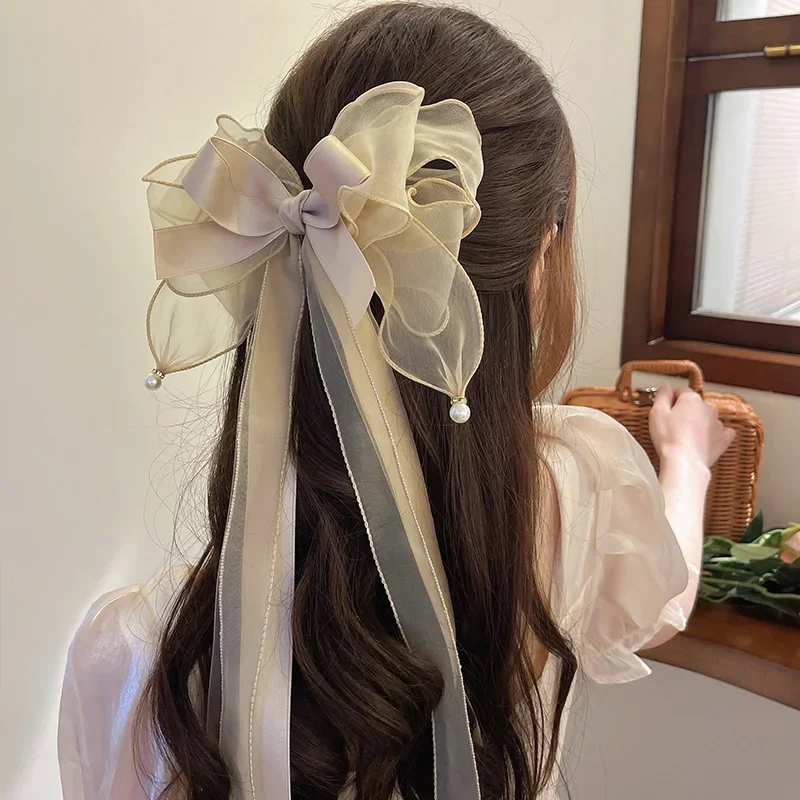 Moda szyfonowa kokarda spinka do włosów kobiety duża elegancka szpilka Barrettes dziewczyny jednokolorowy kucyk klip akcesoria do włosów nakrycia głowy prezent — zdjęcie 2