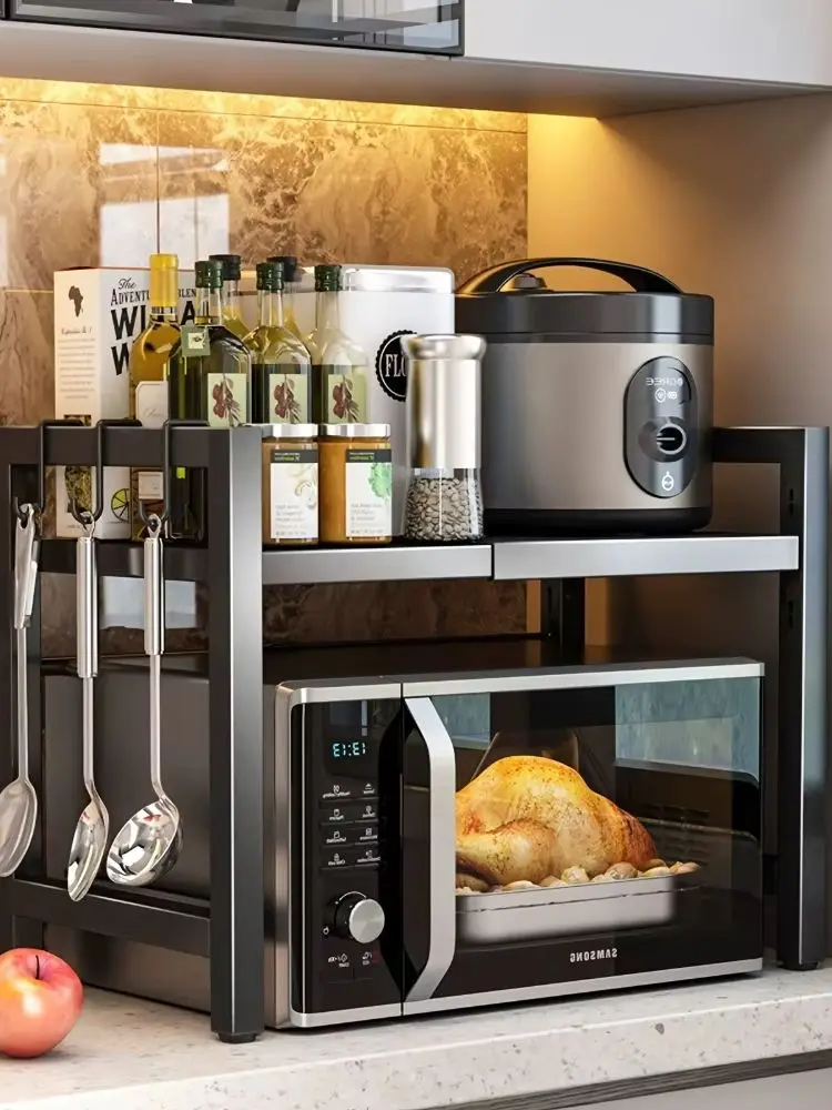 2-stufiges, erweiterbares Mikrowellenregal mit 5 Haken, Schneidebrett und 3 Handtuchhaltern, Küchenregal, Mikrowellen-Kochständer für Arbeitsplatten, ausziehbar von 40 bis 64 cm