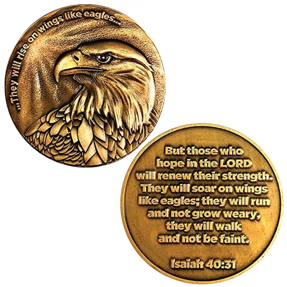 Christian Eagle Challenge Coin, Antique Gold-Color Plated, American Bald Eagle & Isaiah 40:31