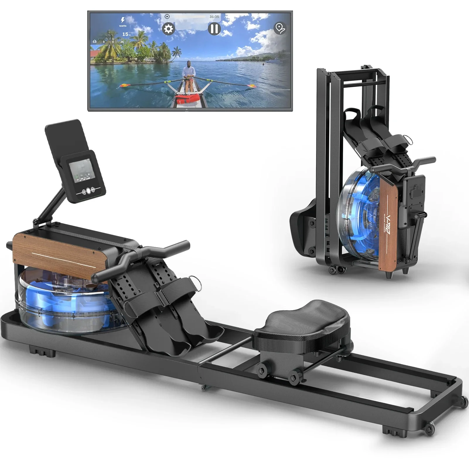 Roeimachine voor thuis, waterroeimachine met Bluetooth-monitor, opvouwbare roeimachine verstelbare tablethouder - afbeelding 2
