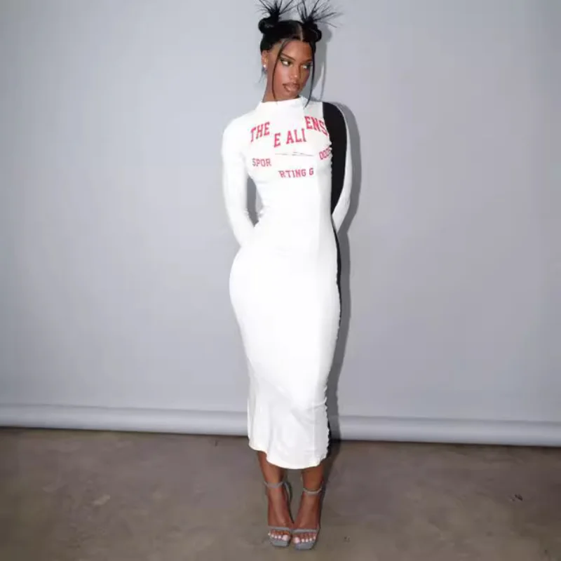 

Black and White Letter Printed Midi Dress Daily Slim O Neck Hollow Out Patchwork Long Sleeve Combination Dresses Autumn Winter