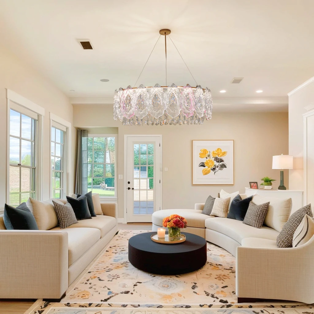 

24-дюймовая современная роскошная хрустальная люстра, люстра из розового стекла, подходящая для освещения столовой, гостиной и спальни.