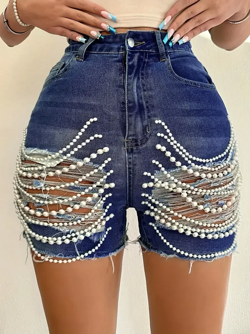 Women's Handmade High Waist Beaded Denim Shorts - Sexy Ripped Casual Summer Stretch Fit Streetwear