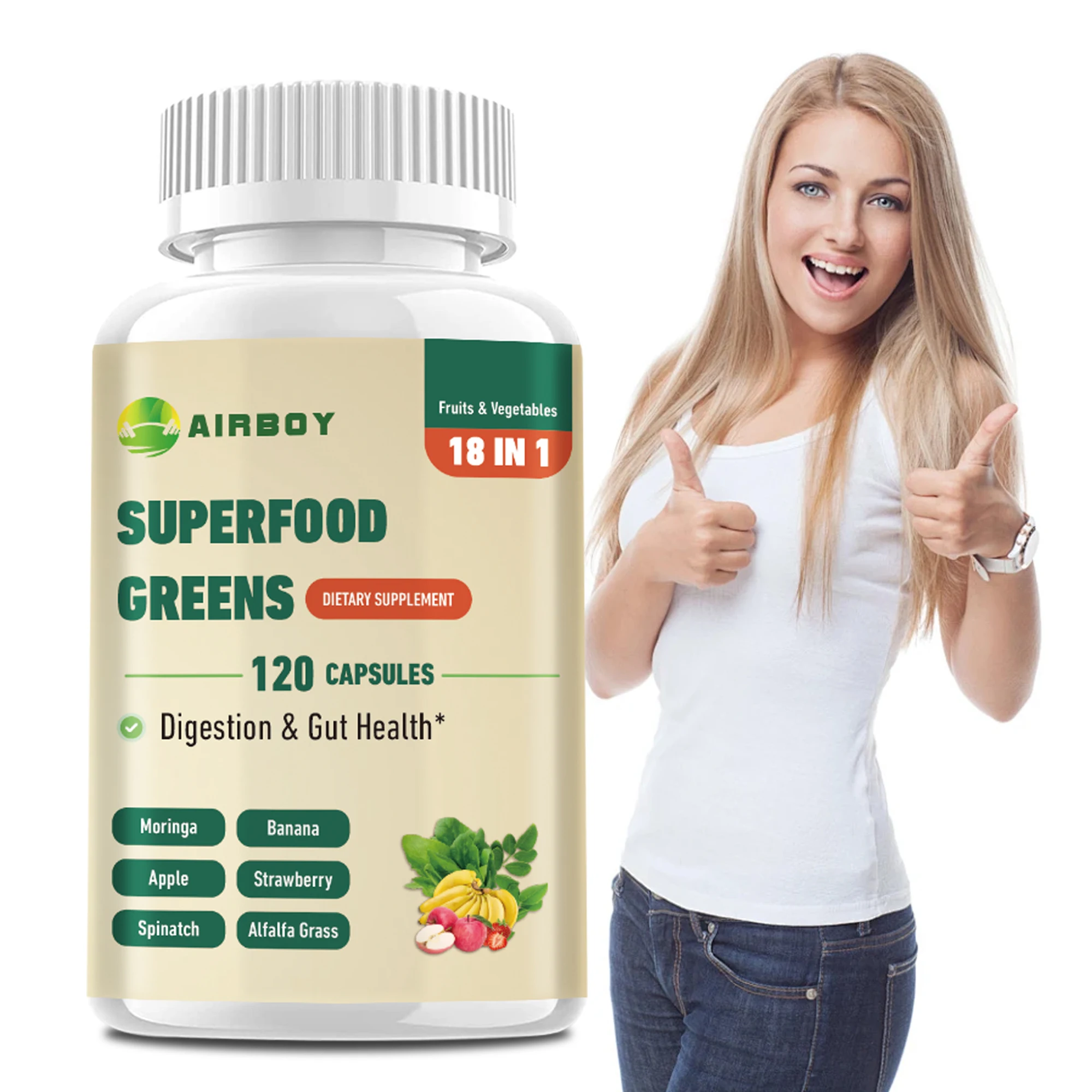 Superfood Greens-يعزز إنتاج الطاقة ، ويحسن المناعة ، ويدعم صحة الأمعاء ، كبسولات