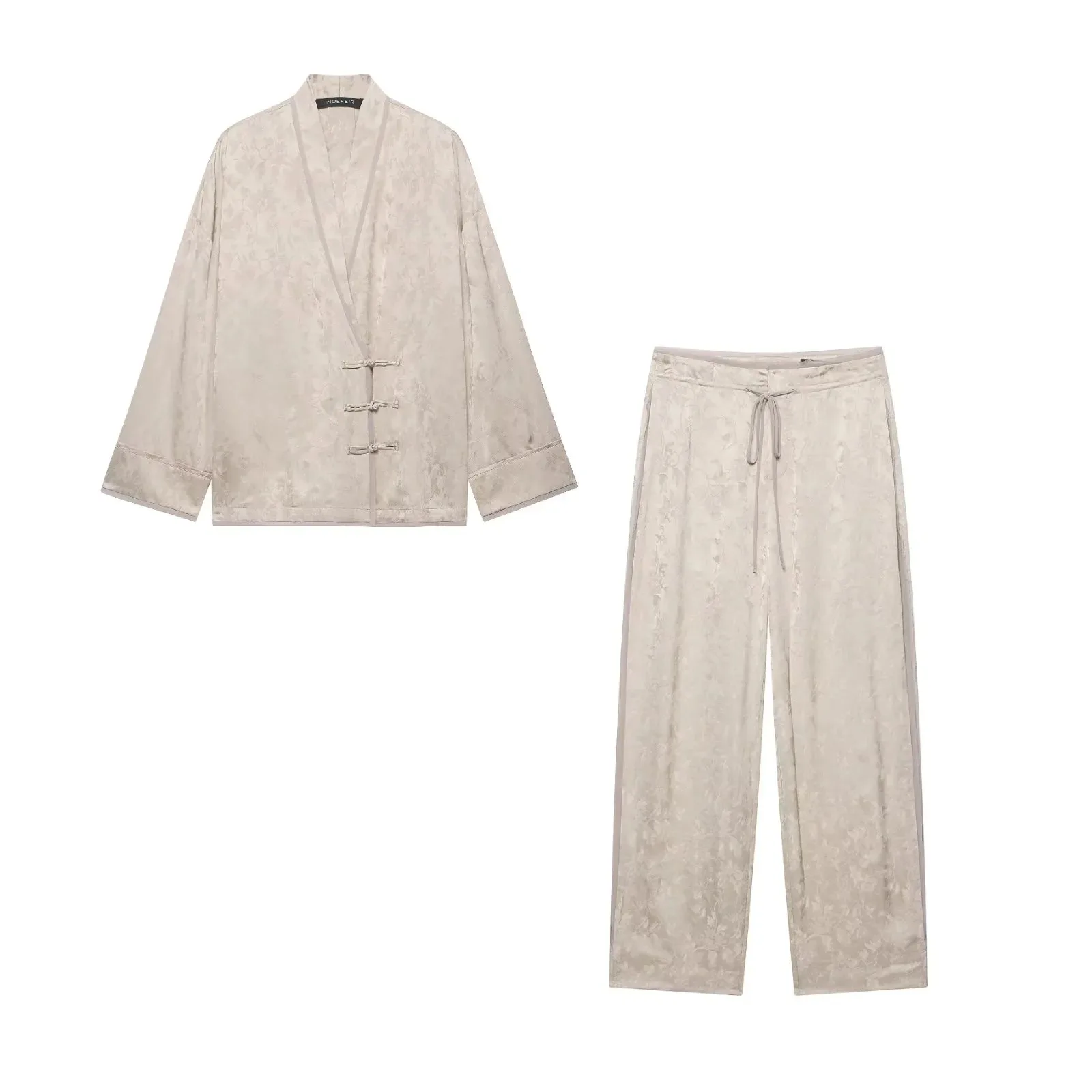 Conjunto de Dos Piezas de Satén Floral para Mujer, Top Kimono con Cuello en V y Botones Tipo Rana, Pantalones Anchos con Cordón, Estilo Chino