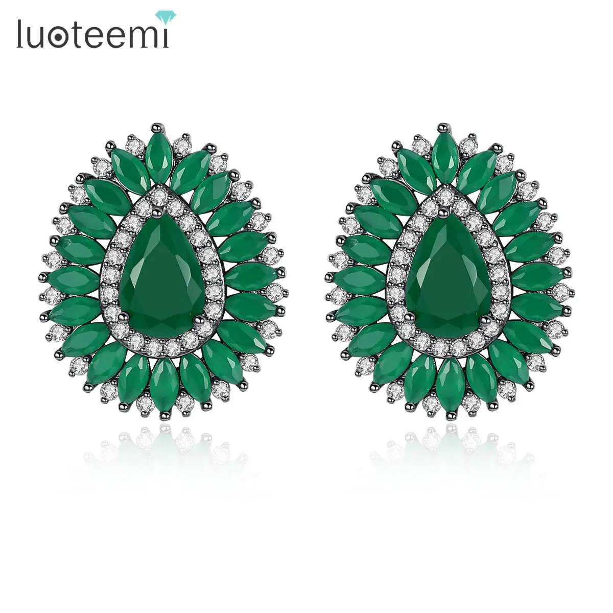 LUOTEEMI Brand Design Women Pink Green Big Stud Earrings for Wedding Party Water Drop Paved CZ Fashion Earrings 2022 Trend New