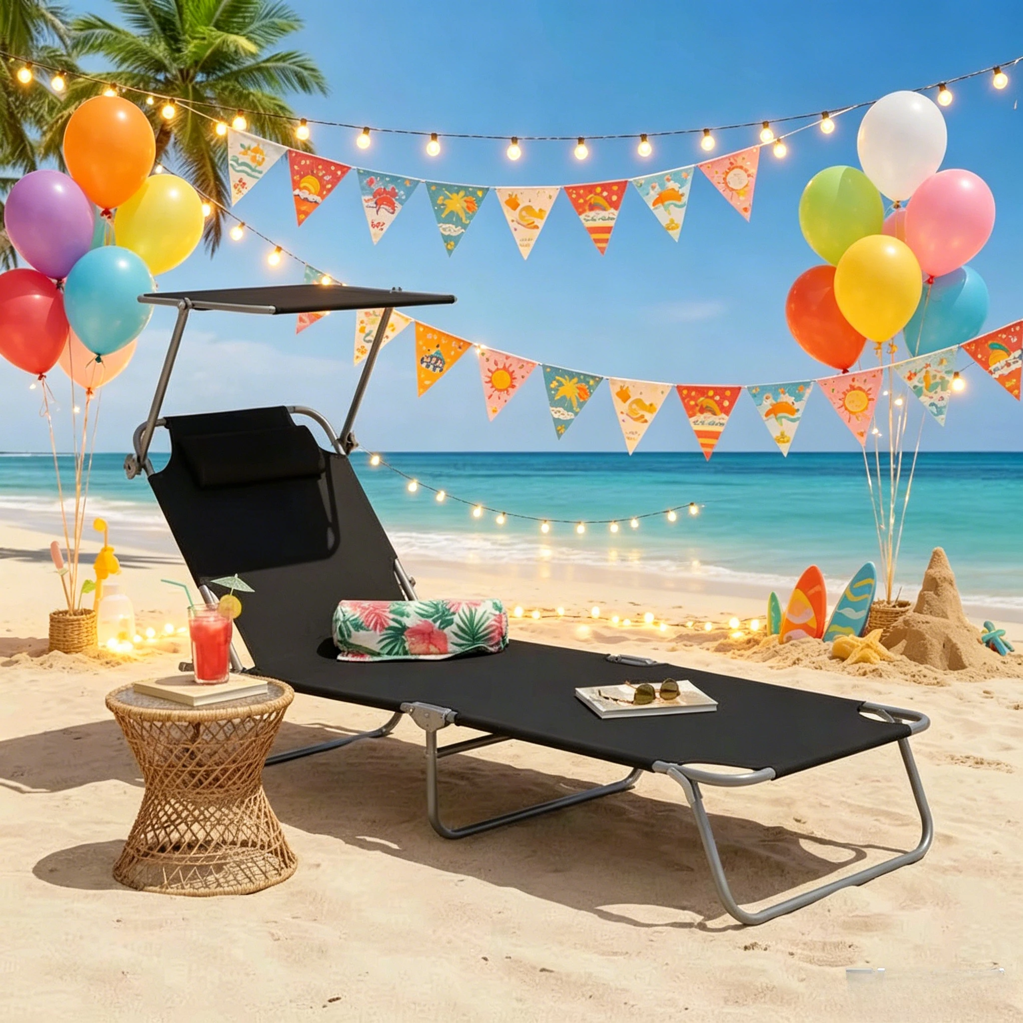 Chaise longue pliante, chaise longue de jardin avec pare-soleil, chaise longue de terrasse avec dossier réglable en 4 positions, chaise longue de camping, capacité de charge