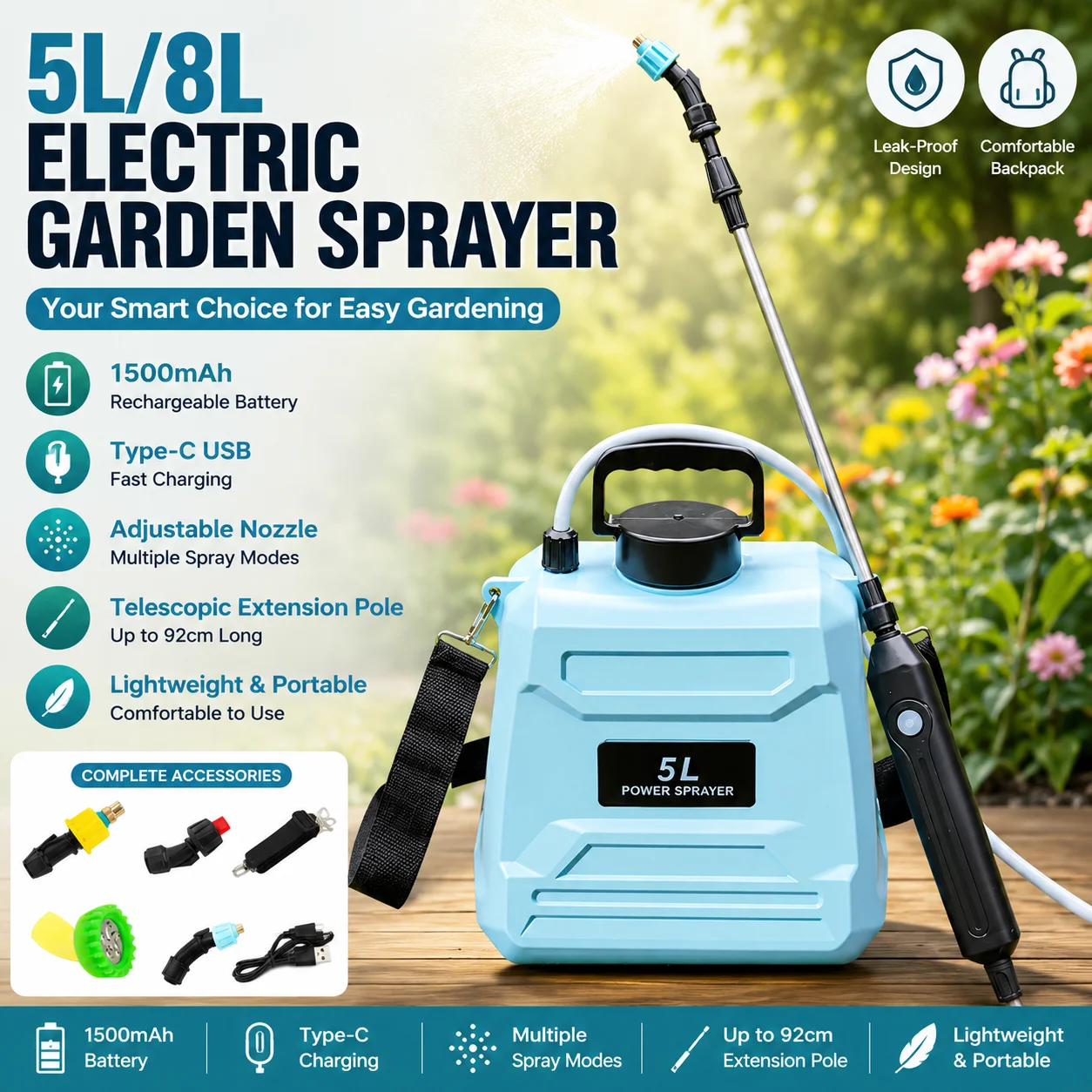 5L / 8L Elektrischer Garten-Rucksacksprüher mit Verstellbarer Sprühpistole, USB-C Aufladbares Bewässerungswerkzeug, 1500mAh Akku für Pflanzenbewässerung & Pestizidsprühen