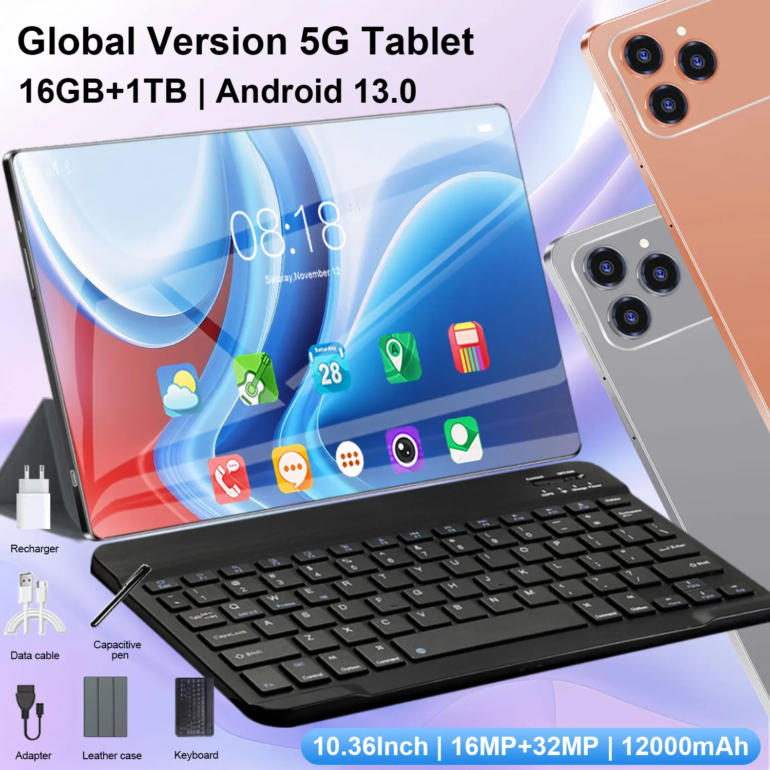 Tablet Android de 10.36 pulgadas, 16GB, 1TB, 10 núcleos, Android 13, 5G, con teclado gratis, batería HD 4K de 12000mAh, para trabajo y estudio, envío gratis.
