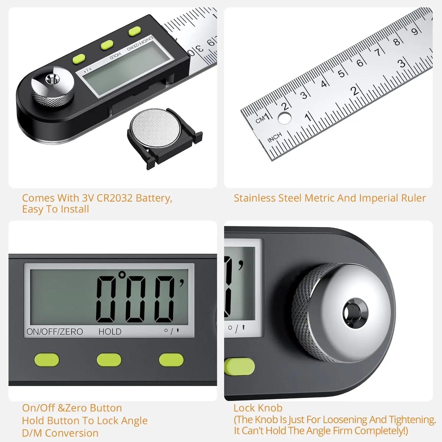 Imagem -02 - Digital Angle Finder Transferidor com Zeroing e Locking Função Carpintaria 12 Polegada 300 mm Aço Inoxidável
