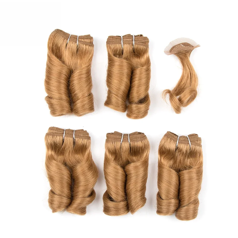 Elegancki podwójne ciągnione luźna fala blond #27 33 # brązowy 4 # kolor krótki brazylijski wiązki z cloture tanie Remy ludzki włos 158 gramów — zdjęcie 2