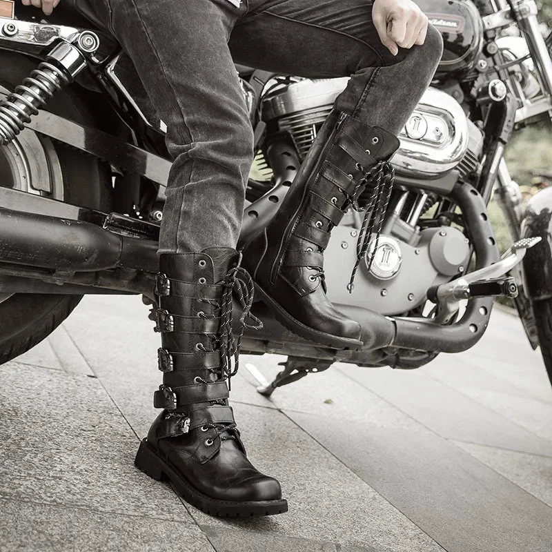 Rozmiar 38-46 męskie skórzane buty motocyklowe długie do połowy łydki oddychające bojowe gotyckie buty punkowe buty męskie Rock Punk buty — zdjęcie 2
