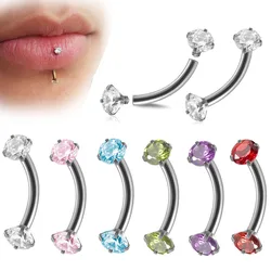 Surgical Steel Eyebrow Ring Curved Barbell Piercing CZ Stud Labret Lip Ring Earring Tragus Helix Rook Bridge Piercing Jewelry