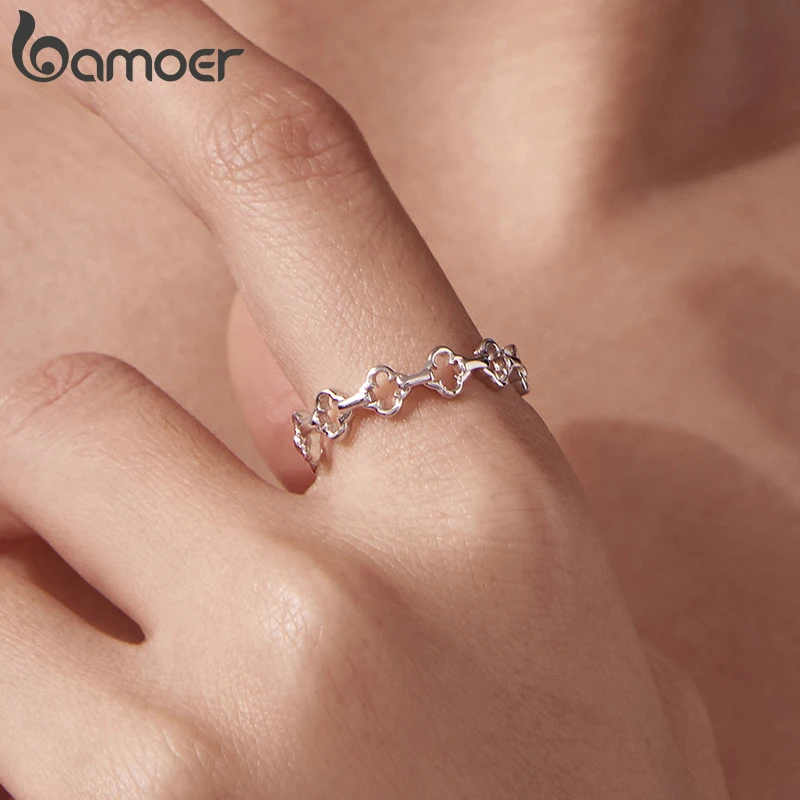 Bamoer 925 Sterling Silver Four-leaf Clover Open Ring Adjustable Hollowed Retro Ring  for Women Teen Minimalist Lucky Gift