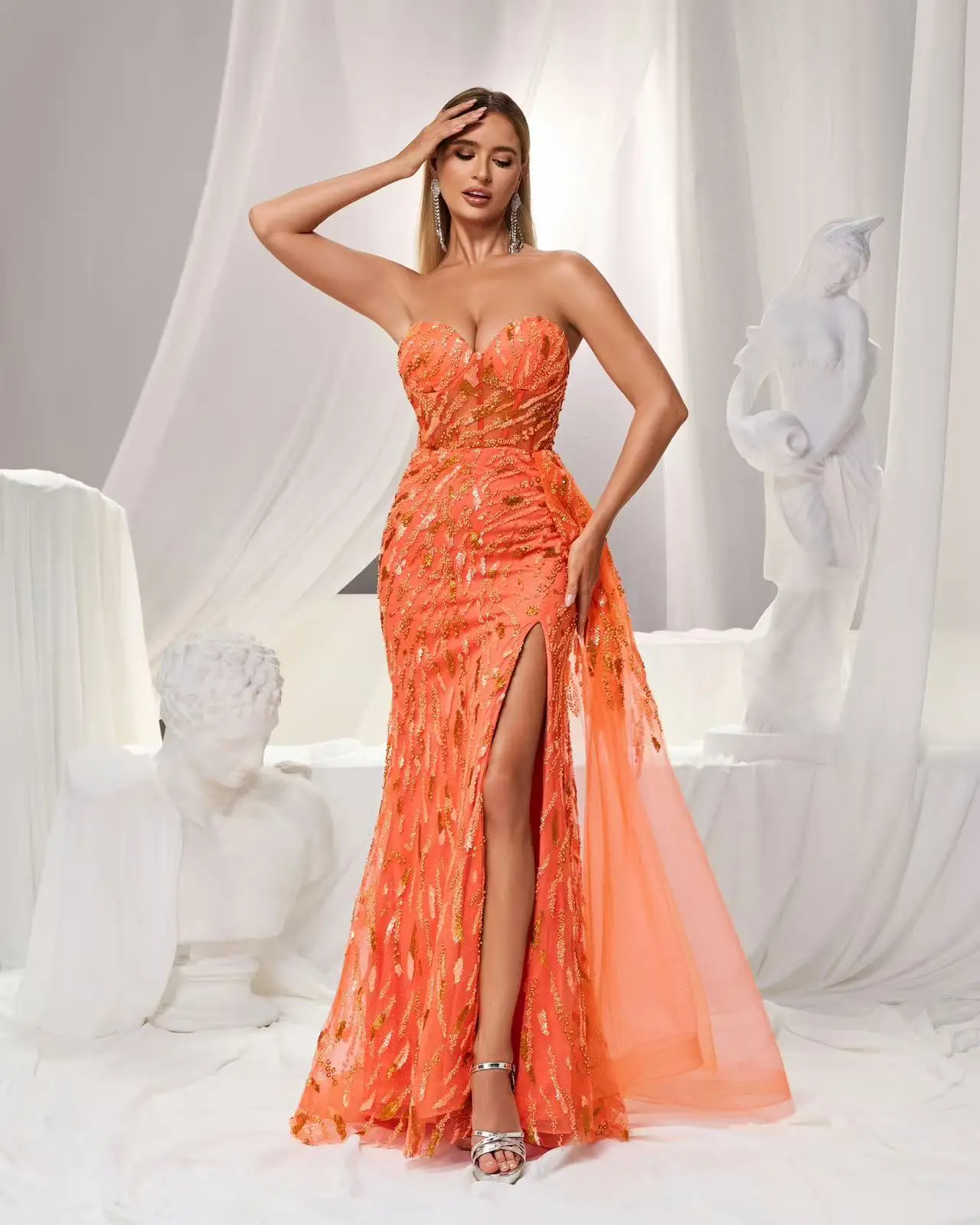 (SALE)Shalimar Zhang Orange Wanita A-Line Berlian Buatan Tangan Gaun Malam Tanpa Lengan Panjang Mewah untuk Wanita Pernikahan Disesuaikan