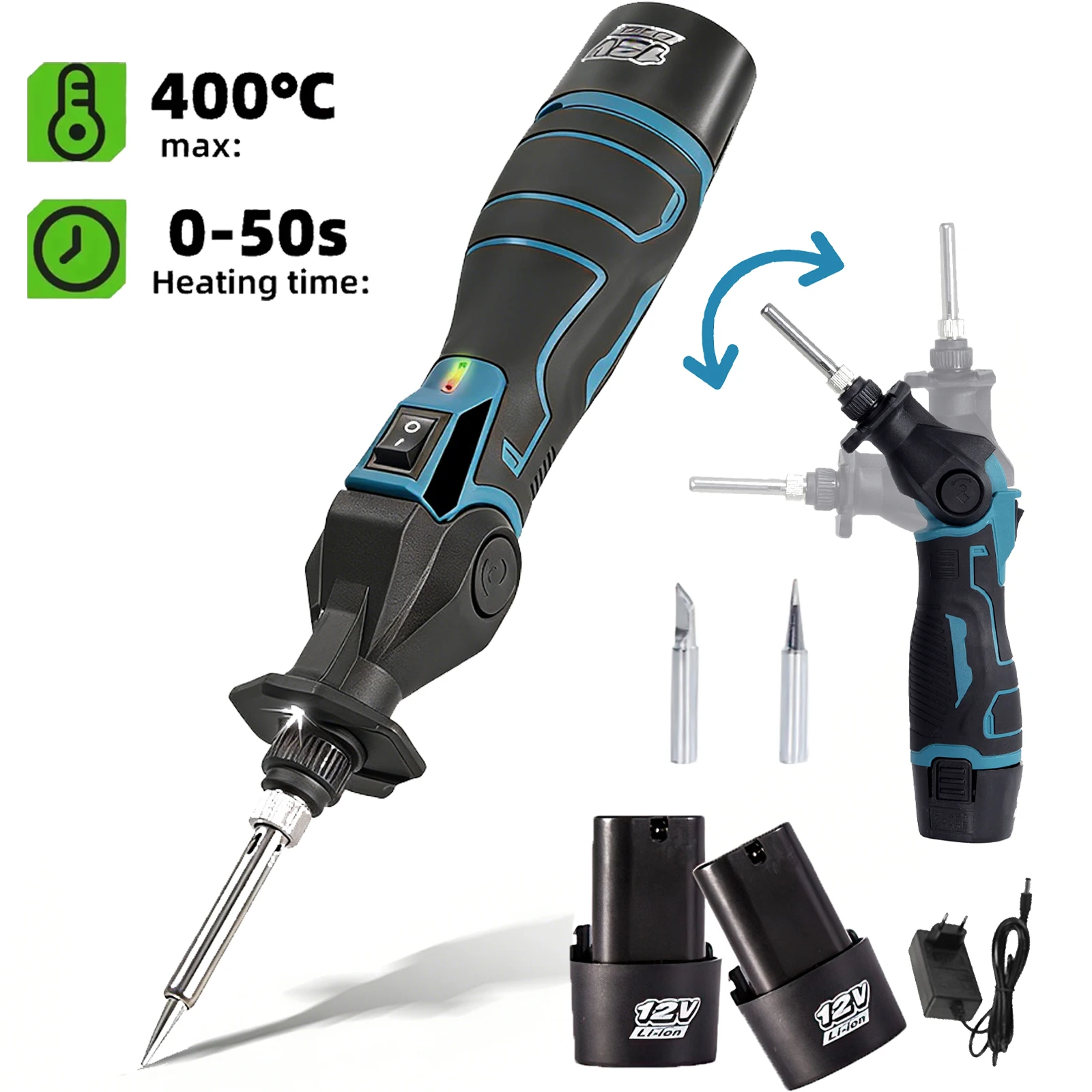 Fer à souder électrique 12V, pistolet à souder, 30W, chauffage rapide, température réglable, alliage de soudure, fer à souder électrique avec 2 batteries