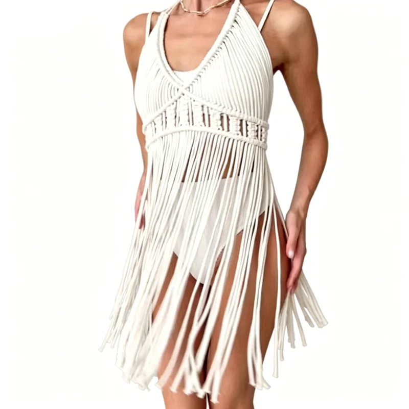 Women's Boho Crochet Tassel Cover Up, Sexy Sleeveless Backless Fringe Beach Dress, Handmade Knit Bikini Swimsuit Sarong