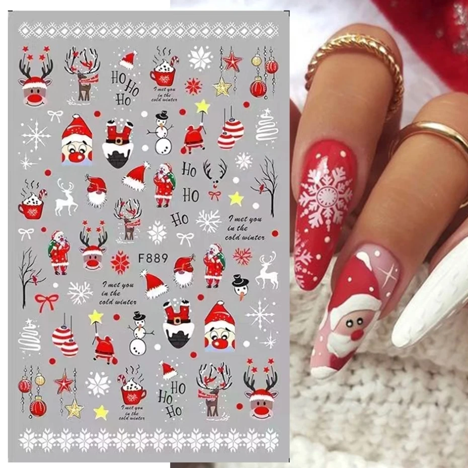 Red Santa Claus Nail Art Decoration Sticker 2022 Unique Nails Penguin Snowflake Winter New Year 3D Sliders Manicure Decor SAF889