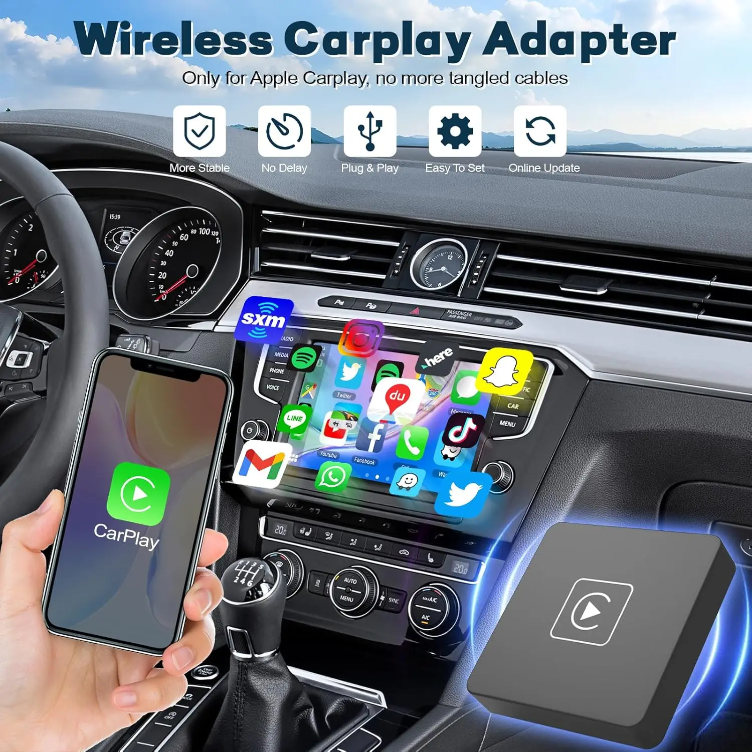 Wireless CarPlay Adapter Converts Factory Wired to Wireless CarPlay USB Plug Play Car Play Wireless Adapter for iPhone iOS 10+